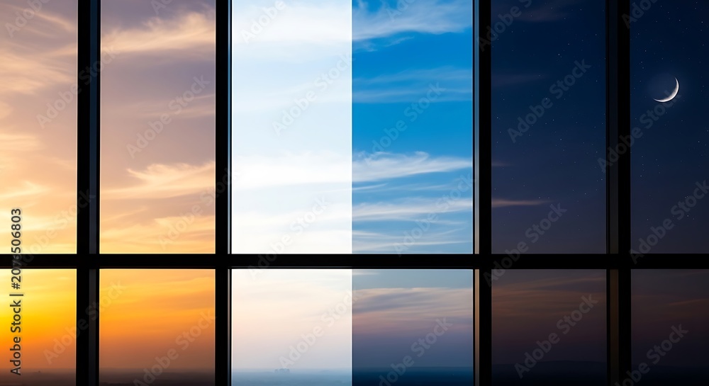 Fototapeta premium Day and night cycle, window view, sky and clouds, sunset, moonlight