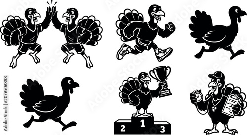 Photography Turkey Trot Sports Mascot Character Silhouette Set with Running Birds, Champions
