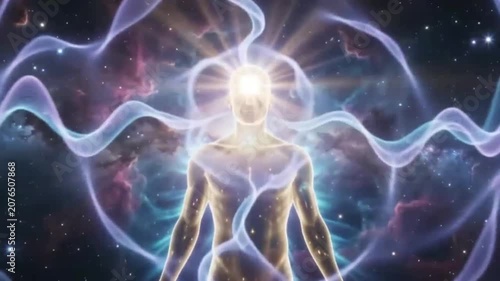 A luminous human silhouette floating in deep outer space surrounded by colorful nebula clouds, stars, and radiant cosmic energy. Futuristic spiritual visualization symbolizing consciousness, enlighten