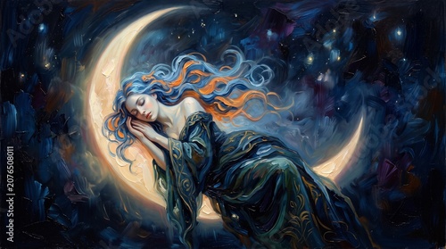 Fantasy woman, moonlit portrait, celestial night, mystical atmosphere