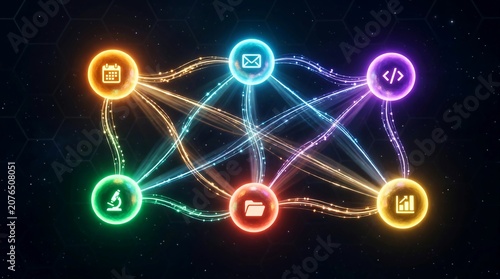 A futuristic floating network of 6 distinct glowing AI agent orbs connected by vibrant trails of data light