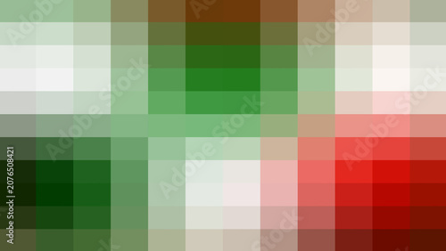 Abstract digital background with a pixelated mosaic pattern in shades of green, red, and white, creating a vibrant and modern geometric texture