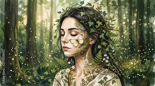 Fantasy woman, green leaves, forest goddess, earthy mysticism
