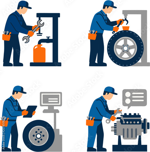 Mechanics Repairing Car Tires and Engines in Auto Workshop Flat Design