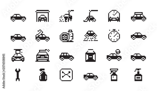Obraz na płótnie Pixel art car wash service icons set