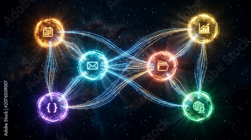 A dynamic floating network of six distinct luminous digital agent orbs, symbolizing advanced data processing and global system intelligence