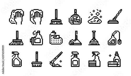 Bild auf Leinwand Pixel art icons of cleaning supplies and household tools featuring sponges and sprayers