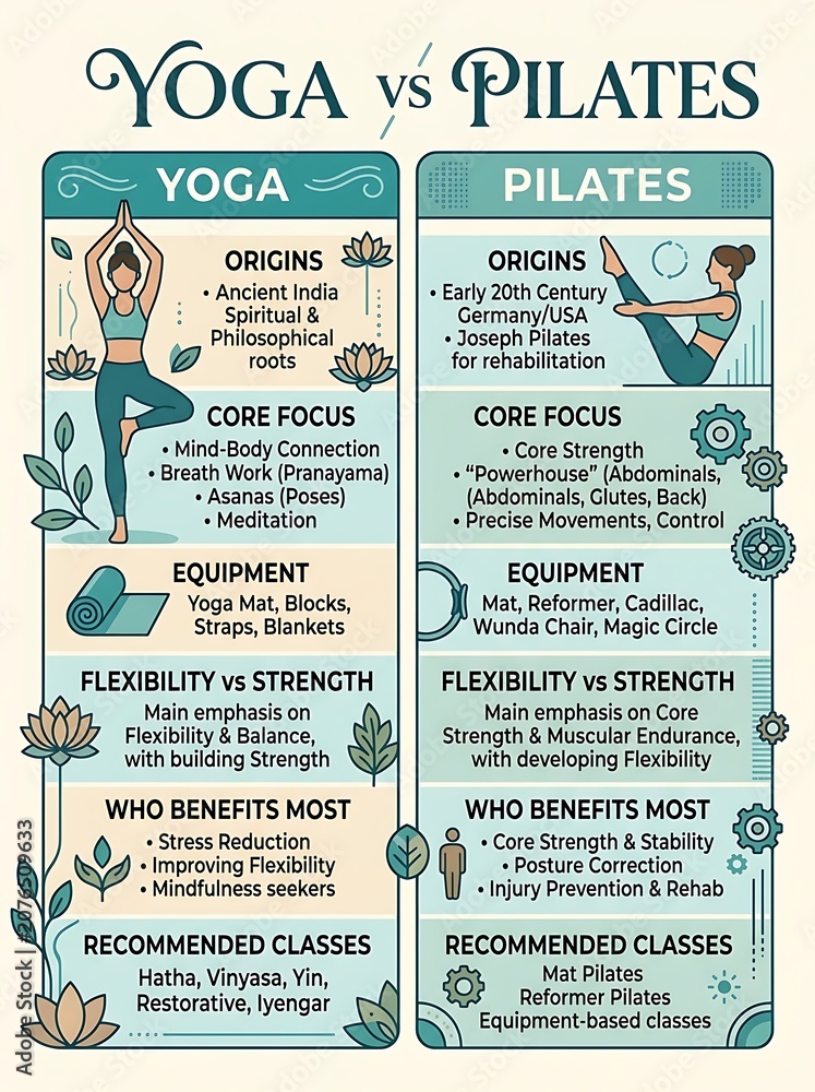 Naklejka premium Comparison between yoga and pilates practices infographic
