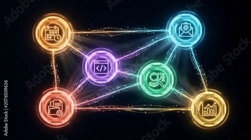 Floating network of six glowing AI agent orbs connecting digital workflow icons on dark background