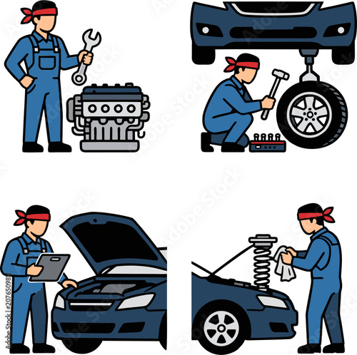 Mechanics Repairing Car Engine and Tire in Flat Design Illustration Style