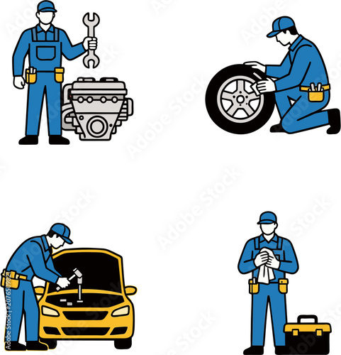 Mechanic Repairing Car Engine and Tire in Workshop Flat Vector Illustration