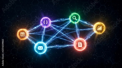 A Digital Network of Six Glowing Interconnected Spheres Representing Artificial Intelligence Agent Systems