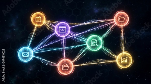 Abstract Digital Network of Interconnected Glowing Orbs Representing AI Agent Data Integration Processes