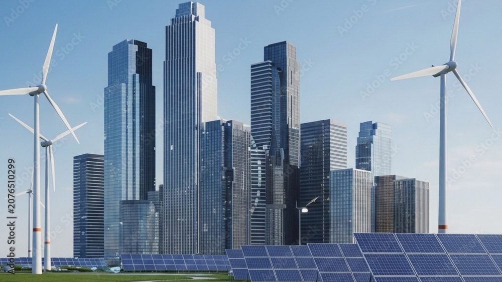 Fototapeta premium Green Technology and renewable energy concept featuring wind turbines and solar panels in front of a modern city skyline with skyscrapers.