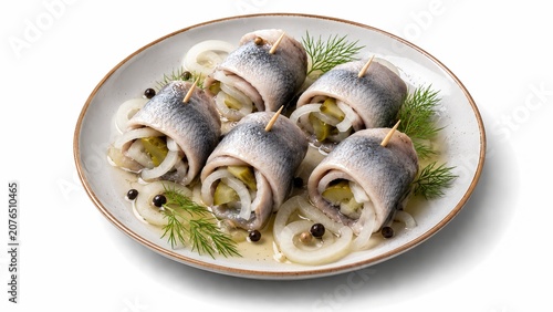 Modern isometric 3D render of rolled rollmops pickled herring with gherkin filling, isolated realistic seafood culinary icon for stock