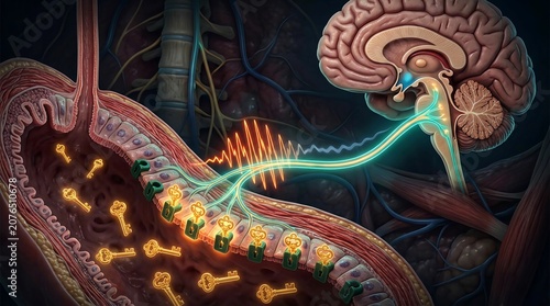 Scientific Illustration of the Vagus Nerve Connection Between the Human Brain and Gastrointestinal System