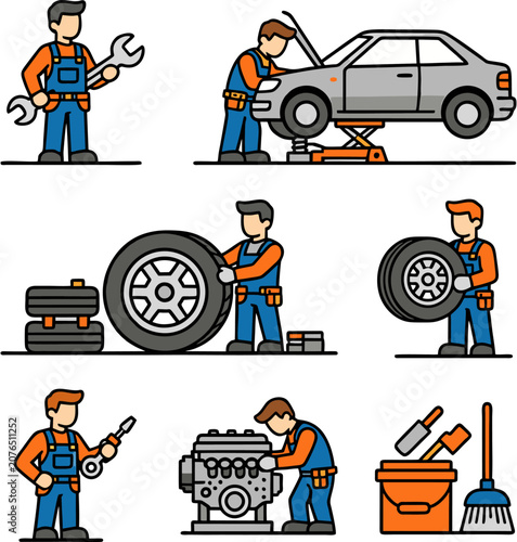 Mechanics Repairing Car Engine and Tire in Workshop Flat Design Illustration