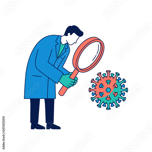 Scientist examining a virus under a magnifying glass, representing medical research and disease control