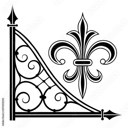 Vintage corner bracket with fleur de lis symbol black and white vector illustration for architectural corner decor wrought iron scrollwork frame element ornamental filigree design for printing.