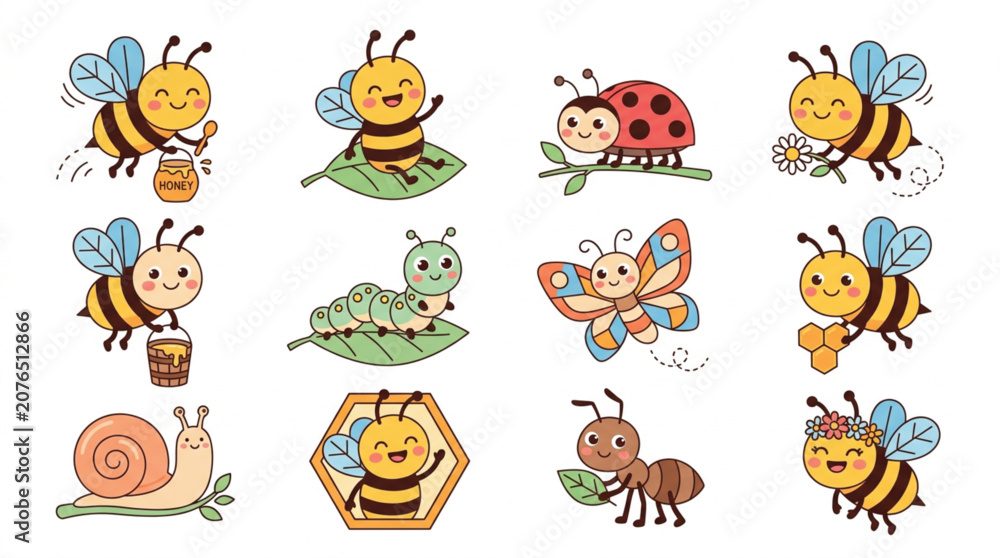 Obraz premium Cute kawaii honey bee sticker vector set with colorful flat design cartoon garden insect illustrations for children scrapbooking