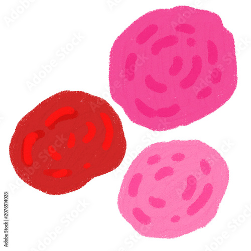 Three textured red and pink abstract circular flower elements