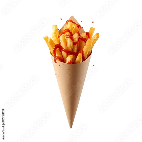 French fries with ketchup in paper cone isolated on white background