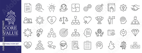 Obraz na plátně Core Values Outline Icon Set with Integrity, Leadership, Teamwork, Ethics, Trust