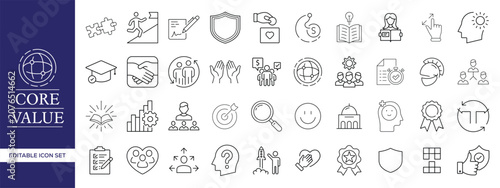Fotografie Core Values Outline Icon Set with Integrity, Leadership, Teamwork, Ethics, Trust