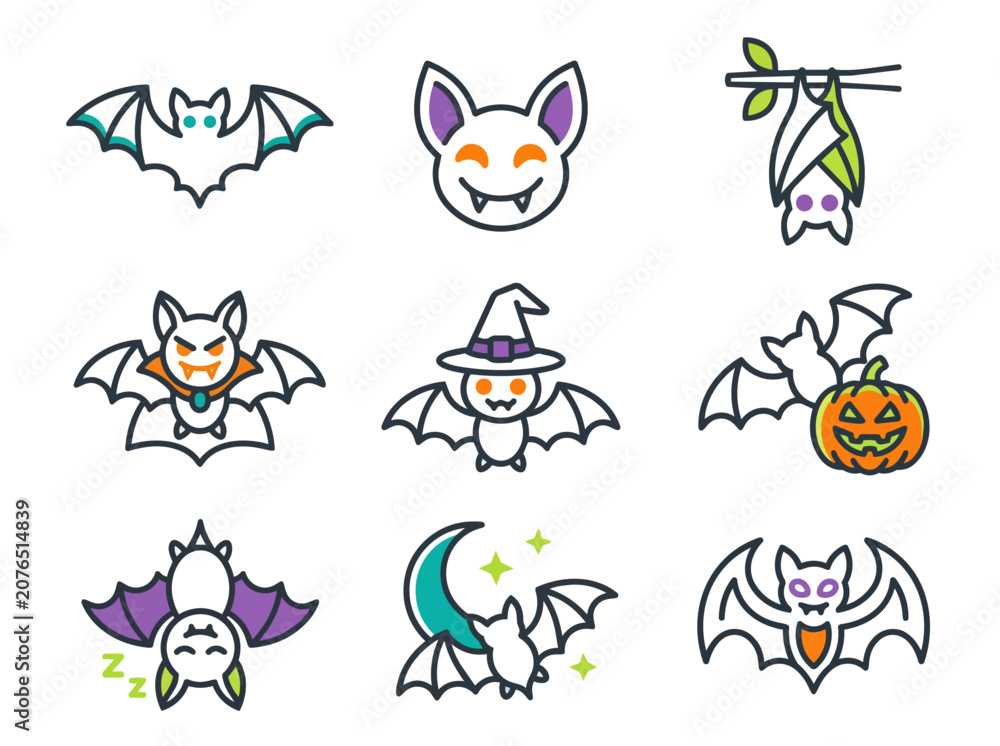 Fototapeta premium halloween bat icons and characters in colorful flat style