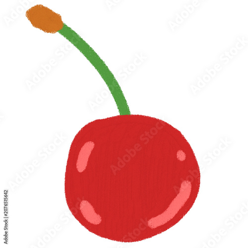 Single fresh red cherry with long green stem illustration