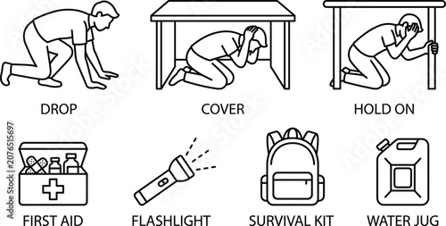 Fotografía Earthquake disaster preparedness and safety line icon set with survival kit emer