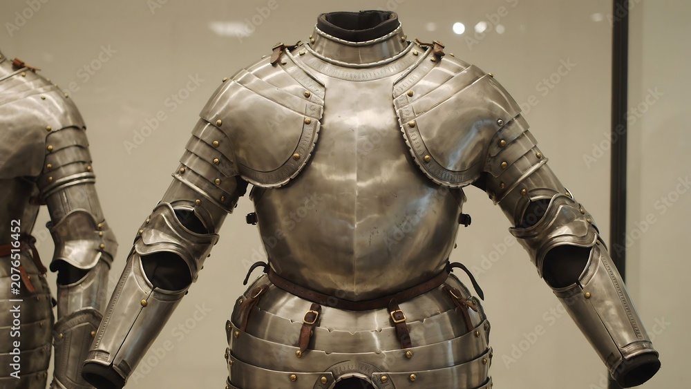 Obraz premium Close-up photograph of historic medieval steel plate armor suit on display