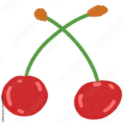 Two red cherries with long crossing green stems isolated