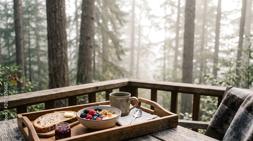 Cozy Morning Breakfast Served on a Rustic Wooden Tray Overlooking a Misty Forest