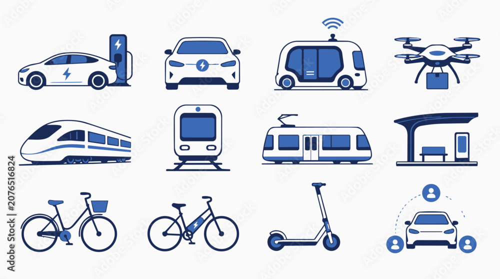 Fototapeta premium Future Mobility Transportation Icons Set. Electric, Autonomous, and Public Vehicles.