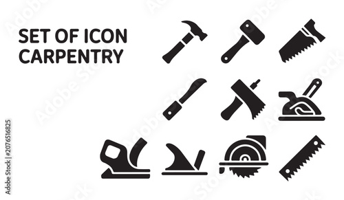 Foto Collection of carpentry tools icons vector set hammer saw plane.