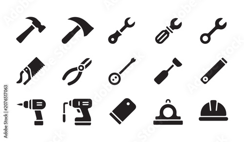 Valokuva Solid black construction equipment icons set with power tools axes and engineering shapes