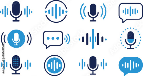 Modern Blue Digital Voice Control and Audio Recognition Icons Set