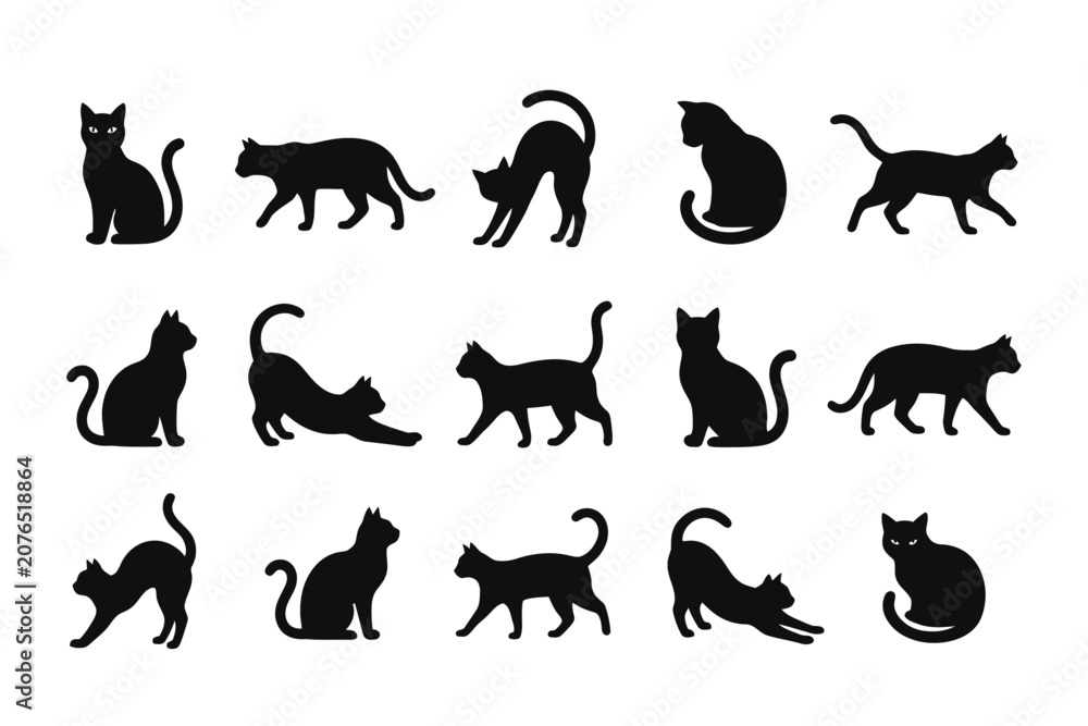Fototapeta premium Collection of black cat silhouettes in various poses