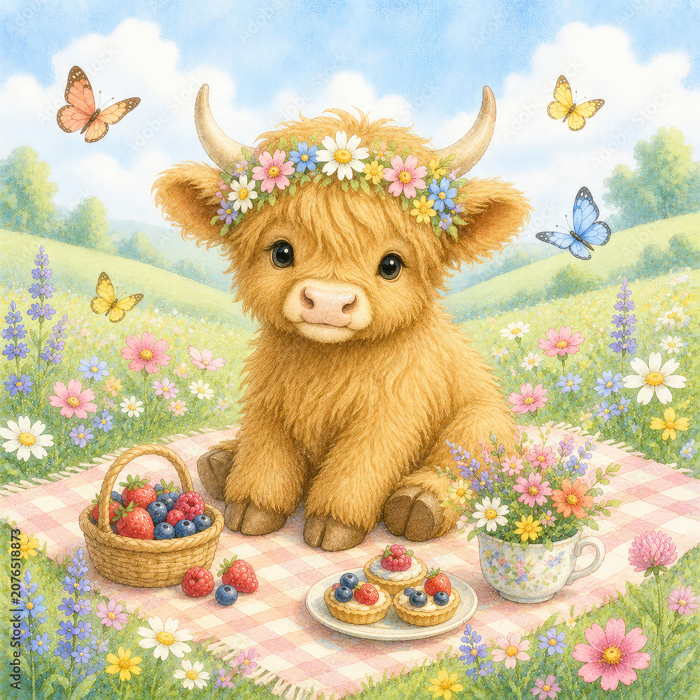 Naklejka premium Spring Blossom Highland Cow with Wildflower Crown at Berry Picnic