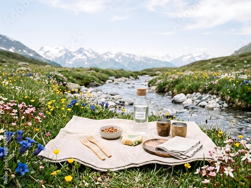 Picnic spread next to a refreshing mountain stream amidst vibrant wildflowers and a breathtaking alpine landscape