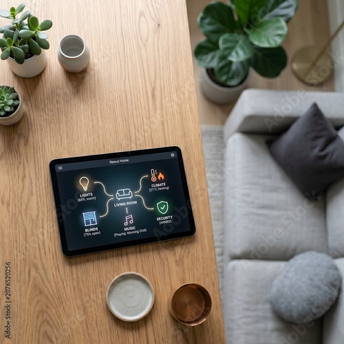 Modern Living Room with a Digital Tablet Displaying Smart Home Automation Controls on a Wooden Table