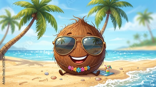 A cheerful cartoon coconut wearing reflective sunglasses and a colorful flower lei lounges on a sandy beach with palm trees, turquoise waves, seashells, a towel, and a tropical drink nearby.