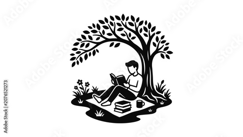 Man Reading Book Under Tree Shade Outdoors Peaceful Leisure Activity