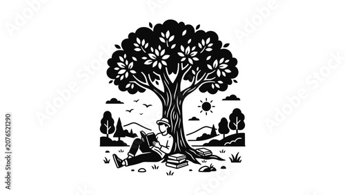 Person Reading Book Under Tree Nature Landscape Silhouette Illustration