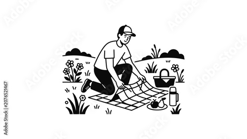 Man Setting Up Picnic Blanket Outdoors with Basket and Food