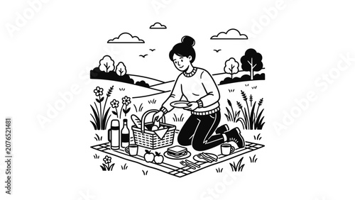 Woman Enjoying Picnic in Nature with Basket and Food