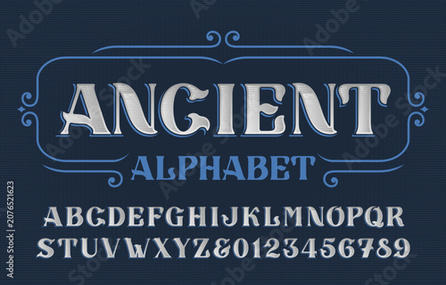 Ancient alphabet font. Faded scratched letters and numbers. Vector typescript for old signage, label design, and headline lettering.