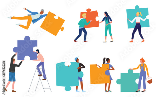 People hold puzzle jigsaw, challenge concept vector illustration set. Cartoon man woman characters holding colorful puzzle pieces to connect parts, partners achieve business goal isolated on white