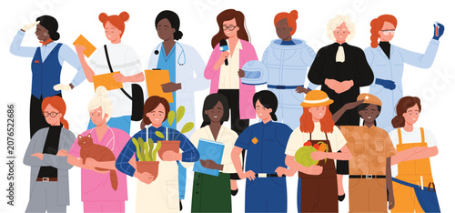 Women of different professions vector illustration. Cartoon isolated collection of international female workers in uniform, hospital or police staff, cleaning service, professional business lady